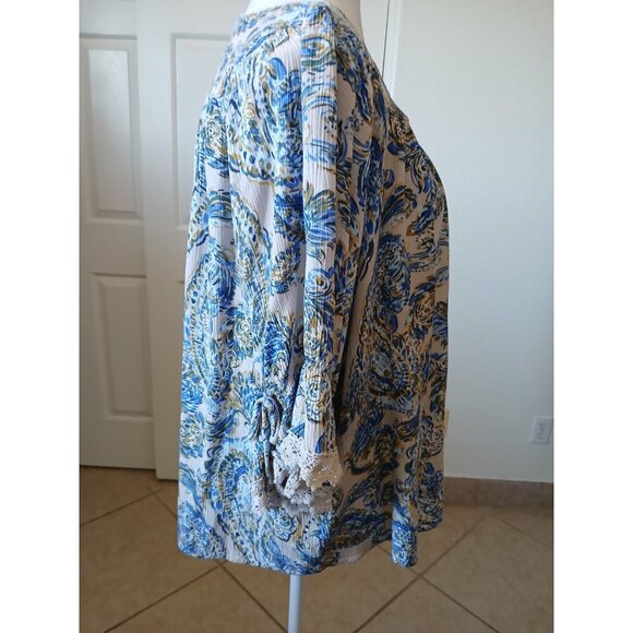 Democracy Womens Blouse Flared Sleeve Blue Paisley  Bohemian Top 1X  Peasant - Picture 4 of 16